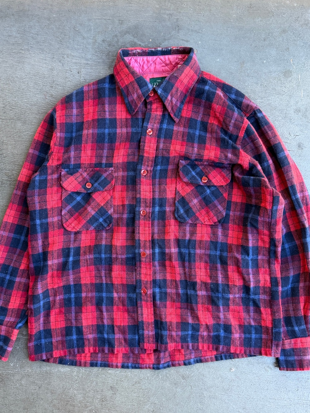 Men's Wool 70s Red & Navy Plaid Button-Up Shirt